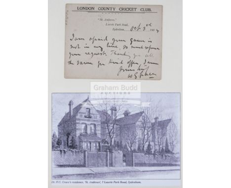 W G Grace signed London County Cricket Club postcard dated 3rd Octover 1904,bearing the address of St Andrews, Lawrie Park Ro