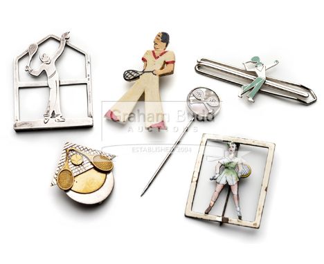 Interesting collection of six Art Deco tennis related collectables,comprising a continental silver Art Deco tennis player boo