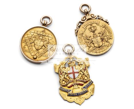 A trio of medals to the Arsenal FC footballer Alf Haynes, the first in 9ct gold and enamel awarded for the Sheriff of London 