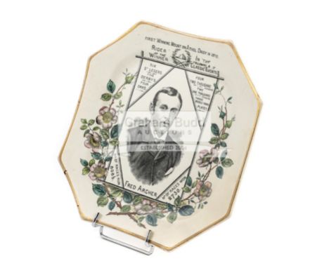 Victorian Staffordshire plate commemorating the jockey Fred Archer circa 1886,octagonal, central monochrome portrait, inscrib