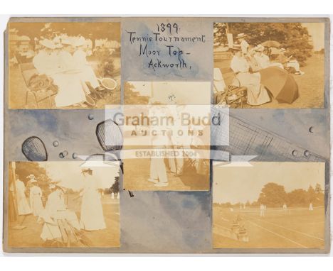 Photographs of an 1899 Tennis Tournament at Moor Top Ackworth in West Yorkshire,from an album page decorated with racquets, n