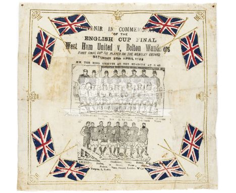 Souvenir paper napkin from the 1923 F.A. Cup Final banquet,colour Union Jacks enclosing monochrome team-group portraits of th
