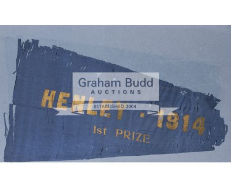 A 1914 Henley Regatta first prize rowing pennant,blue silk, inscribed gilt HENLEY - 1914, 1st PRIZE, mounted, framed & glazed