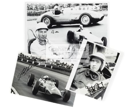 Three signed photographs of Motor Racing legends Stirling Moss, Jackie Stewart and John Surtees,comprising a 12 by 16 b&w mon