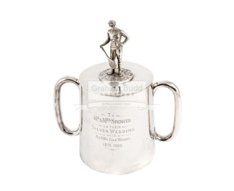 Silver plated twin handle loving cup and cover, inscribed "Mr & Mrs Spencer on their silver wedding with R & H.W's good wishe