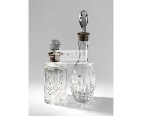 Two crystal decanters presented to Fred Perry,the first of square form with stopper and engraved sterling silver collar 'Fred