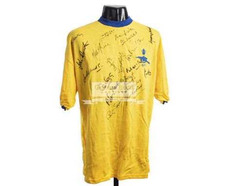 Team-signed Arsenal 1970-71 Double-Winners retro jersey,the yellow shirt bearing 17 signatures in black marker pen including 
