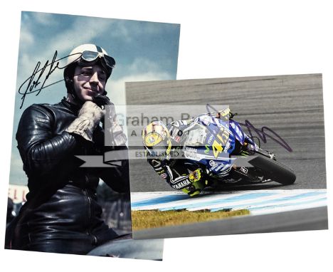 Two signed colour photographs of motor bike stars Valentino Rossi and John Surtees,comprising a 12 by 8 portrait study of Sur