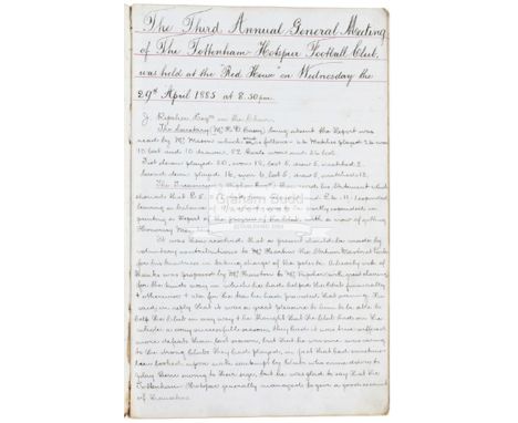The Tottenham Hotspur Football Club Minute Book 1885 to 1896,the 156 page hand written hardcover ledger comprising 11 Annual 