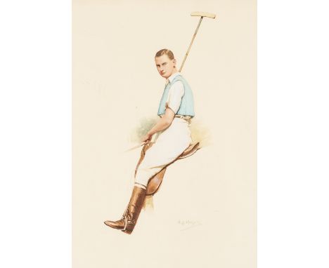 A watercolour by Cecil James Hobson (British, 1874-1915) featuring a portrait of the polo player Walter Buckmaster,signed, th