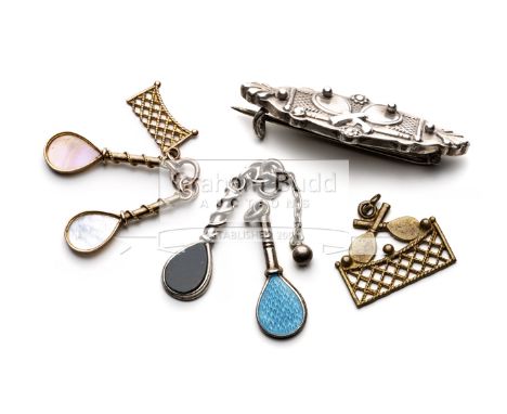 Five jewellery items relating to Ping pong or Whiff Whaff which was invented circa 1901,consisting of a silver brooch hallmar