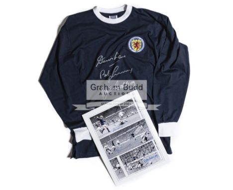 An autographed replica Scotland 1967 "World Champions" jersey,superbly signed in silver black marker by Denis Law, Bobby Lenn