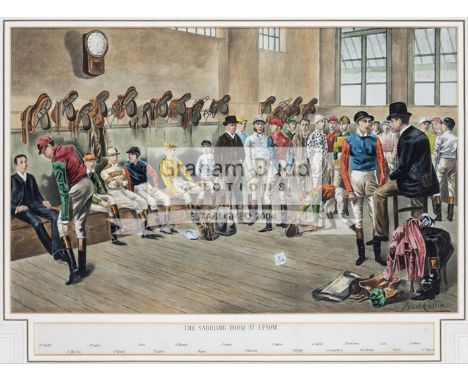 After Isaac Cullin (fl.1881-1920)THE SADDLING ROOM AT EPSOMcolour lithograph, mounted with key identifying the jockeys from l