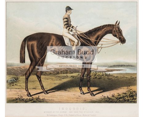 Victorian colour lithograph of Iroquois the 1881 Derby & St Leger winner with Fred Archer up,no artist or publisher's details