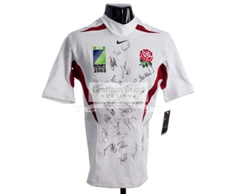 An England Rugby 2003 World Cup autographed unnumbered spare match shirt bearing the England, Nike and Rugby World Cup emblem