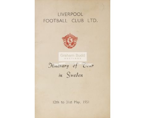 A rare Liverpool Football Club Ltd Itinerary of Tour in Sweden from 12th to 31st May 1951, belonging to Ray Lambert,the four-