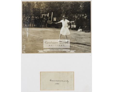 Helen Wills Moody signed photographic display,a good ink signature dated 1931 mounted with a 7 by 10in. photograph of the ten