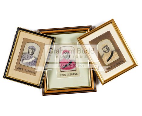 A trio of stevengraphs portraying the Victorian jockey John Osborne,silk woven portraits published by Thomas Stevens of Coven