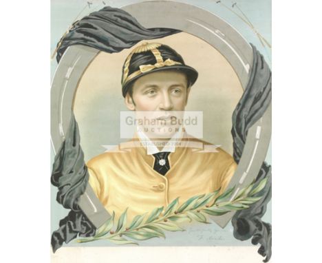 A colour memorial lithograph of the jockey Fred Archer circa 1886,in the colours of the Duke of Westminster, with black drape