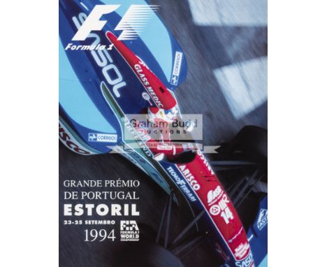 1994 Portugese Grand Prix official Formula 1 poster, featuring Rubens Barrichello in the Jordan-Hart 194 entry, mounted, fram