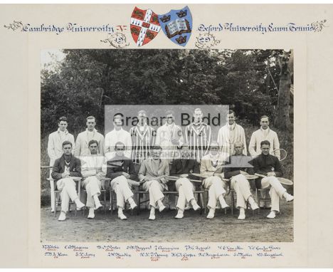 Framed photograph of the Cambridge v Oxford varsity lawn tennis teams in 1929,the teams including some famous players, R J Ri
