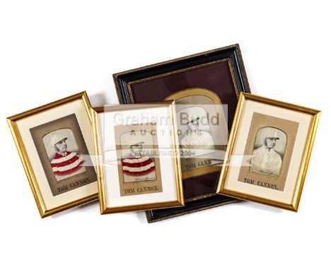 Two pairs of stevengraphs of the Victorian jockey Tom Cannon,one from each pair bearing the jockey's facsimile signature, sil