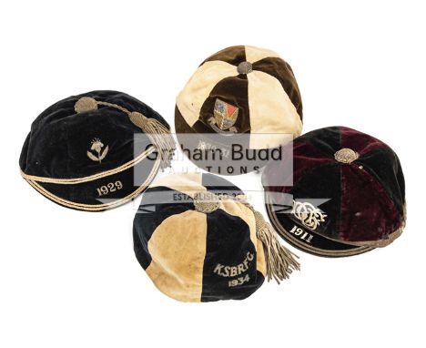 A collection of four miscellaneous sporting caps dating between 1911 and 1934,the first maroon and black quarter, bearing mon