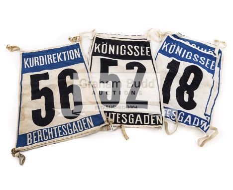 A trio of numbered competitors' tabards associated with Austrian Josef Feistmantl, two inscribed KONIGSSEE BERCHTESGADEN, the