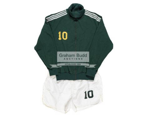 Pele's Cosmos warm-up training suit top worn throughout the 1977 Championship season,the green zip-up Adidas top with gold No