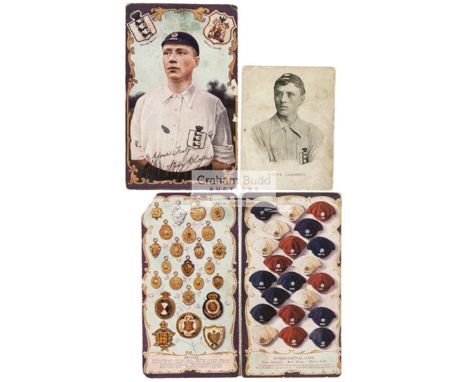 A trio of colour postcards featuring England international Steve Bloomer and his caps and medals collection circa 1906,the lo