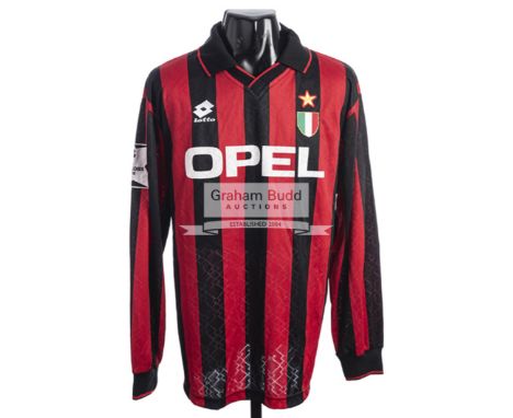 AC Milan red and black striped No.14 jersey, season 1994-95, with early patch version of the UCL badge for season 94-95 on ri