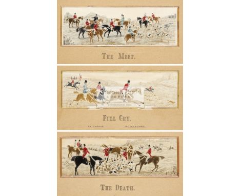 A trio of hunting stevengraphs,titled The Meet, Full Cry & The Death, uniformly mounted, framed & glazed, 21 by 30cm. 