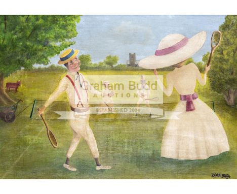 A late Victorian/Edwardian style mixed doubles lawn tennis match oil painting,on Windsor & Newton's Rathbone canvas board, si