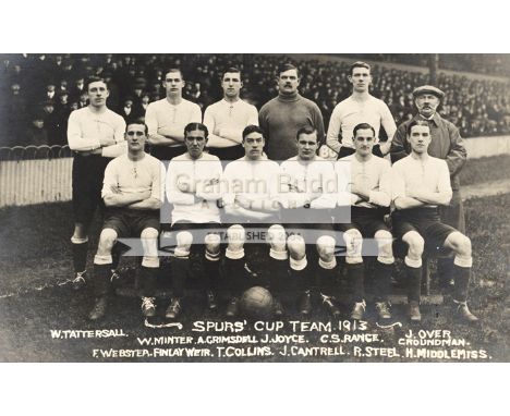 A postcard with photographic portrait of a Tottenham Hotspur Cup team in 1913,with printed key for player identification, pub