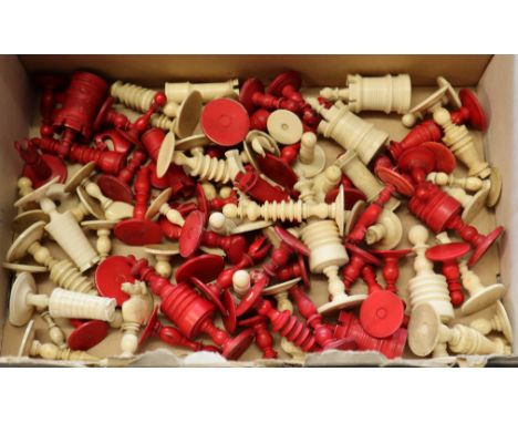 Box containing 19th Century ivory and stained ivory turned chess pieces.(B.P. 21% + VAT) 