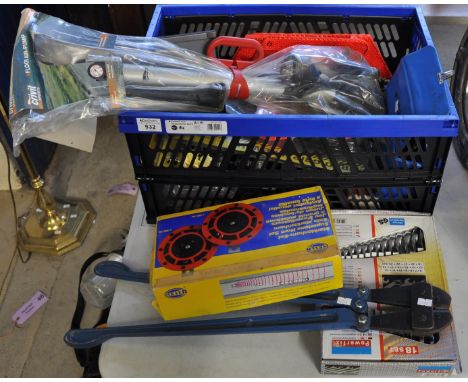 Box of tools and accessories to include; 18 set power fix spanners, supertone horn set, lock jaw pliers three piece set, 6" t