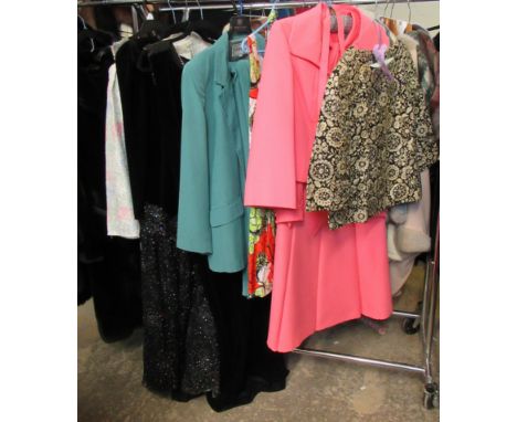 Collection of ladies vintage clothing to include; a gold and black brocade top, a bright pink dress by ann michael with match