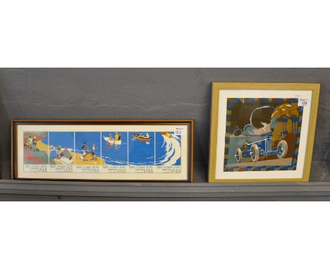 Art Deco style study of a 1920's/30's racing car, together with a group of six miniatures of LNER travel posters in one frame