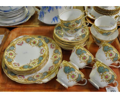 Tray of Aynsley fine bone china, floral pattern with a gilt edge to include: cups and saucers, side plates, cake plate, jug a