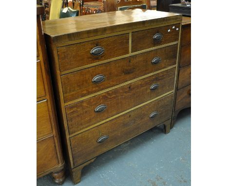 19th Century oak straight front chest of two short and three long drawers on bracket feet with oval Art Nouveau design handle