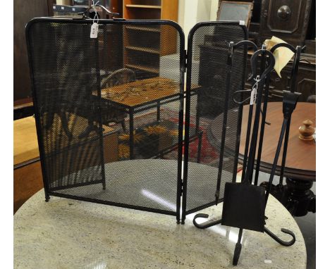 Metal three section folding mesh firescreen, together with companion set.(B.P. 21% + VAT) 