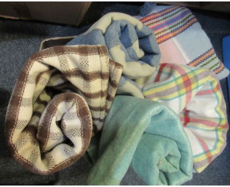 Box of five vintage woollen blankets, four check in various colours and a green striped blanket. (5) (B.P. 21% + VAT)Brown an