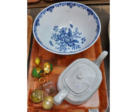 Royal Worcester fine porcelain Hambury blue and white bowl, together with a ceramic teapot and modern enamelled trinket boxes