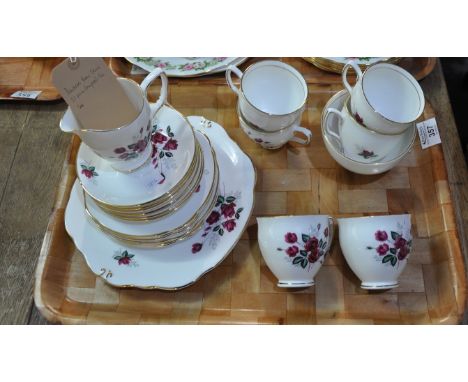 Two trays of part teaware, one tray of pink rose and gilt Colclough china to include: six cups and saucers, plates, jug and b