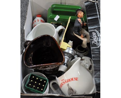 Small box of assorted china to include: a Passport scotch jug and a Famous Grouse scotch jug, an Optic, a woodbine jug and a 