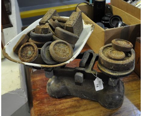 Vintage shop scales with enamel pan and various cast iron weights. (B.P. 21% + VAT)