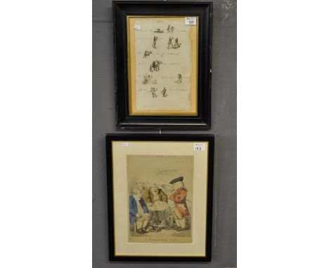 19th Century, pen and ink, cartoon and text, storyboard sketch, framed and glazed. Together with an 18th Century print, 'A ma