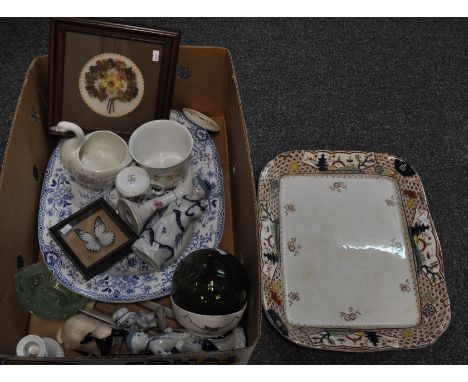 Box of mainly china to include: oriental design ceramic tray, ceramic study of a lamb, posie shape pin tray, candlesticks, fi