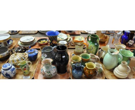 Four trays of assorted pottery to include: a Royal Cauldon 'Willow' ginger jar, a HJ Wood Burslem grey 'Indian Tree' jug, a h