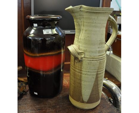 Large West German pottery Keramik straight sided vase, together with a modern art pottery single handled jug. (2) (B.P. 21% +